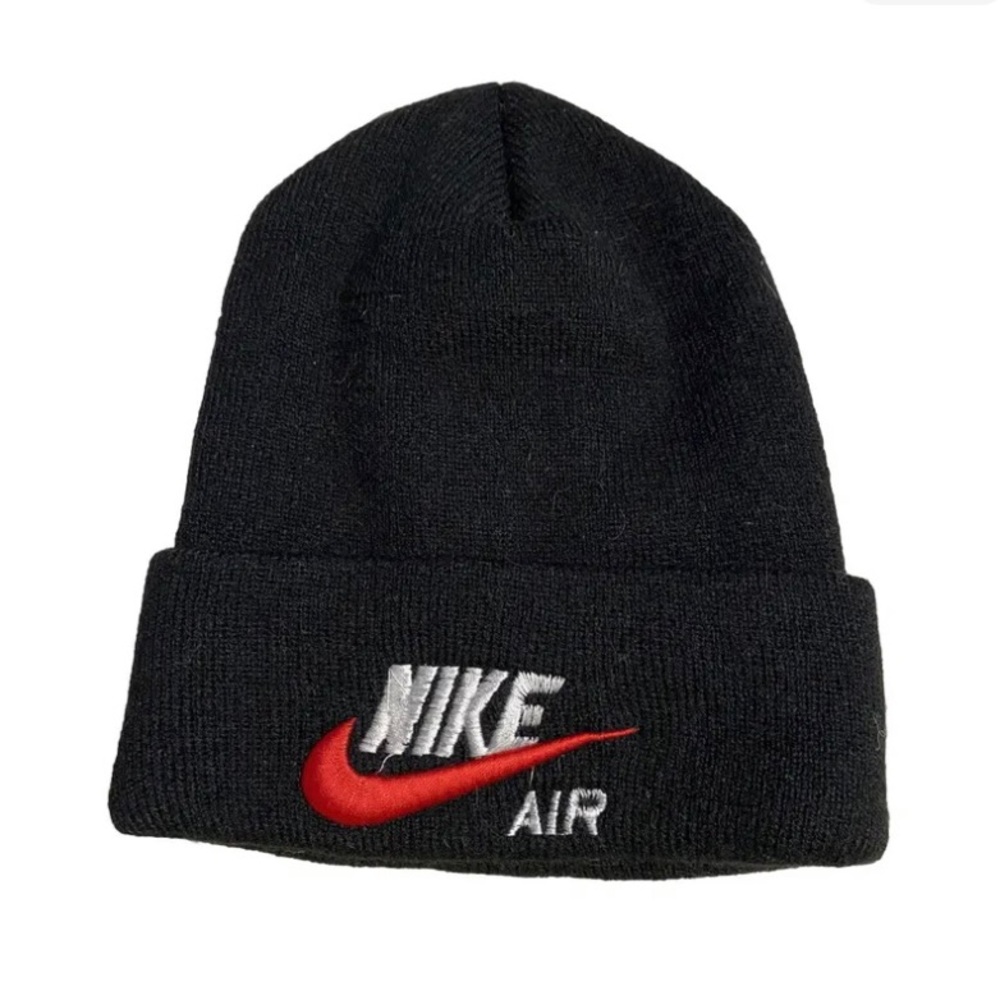 NIKE AIR BEANIE cuffed winter knit cap black swoosh embroidered 90s Vintage Hat